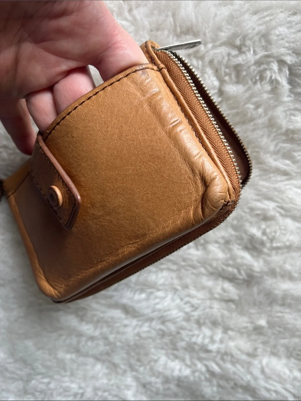 Fossil Tan leather zip around wallet wristlet with snap front compartment